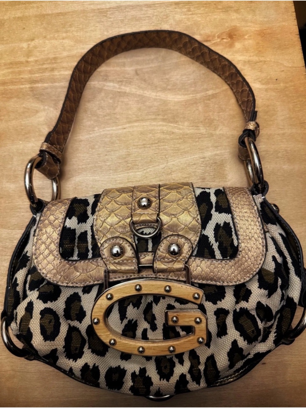 GUESS Vintage Y2K Leopard Purse with Wooden Logo